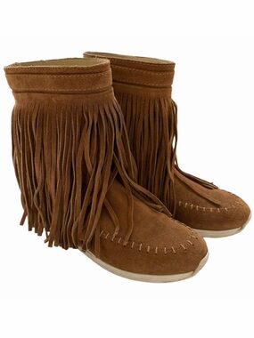 Maison Des Talons Anthropologie Tan Suede Fringe Mocassin Half Boots Size 38/8